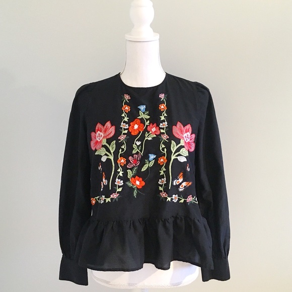 Zara Tops - Zara Woman Floral Embroidered Peplum Blouse